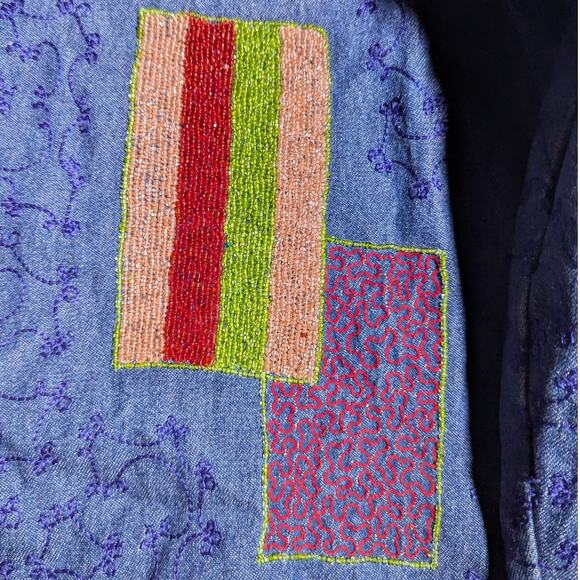 Vtg 1990s Pushpa Blue Cotton Denim Paisley Embroidered Beaded Button Up Jacket L - Picture 4 of 5